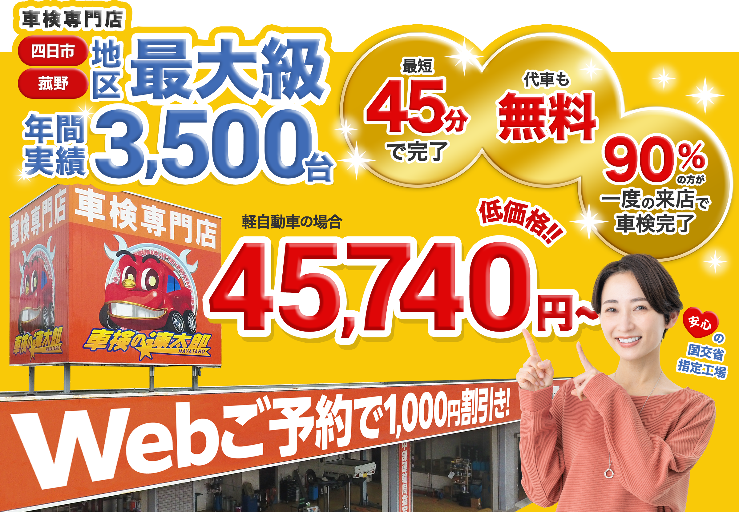 車検専門店 四日市・菰野地区最大級 年間実績3,500台 最短45分で完了 代車も無料 90％の方が一度の来店で車検完了 軽自動車の場合は45,750円〜